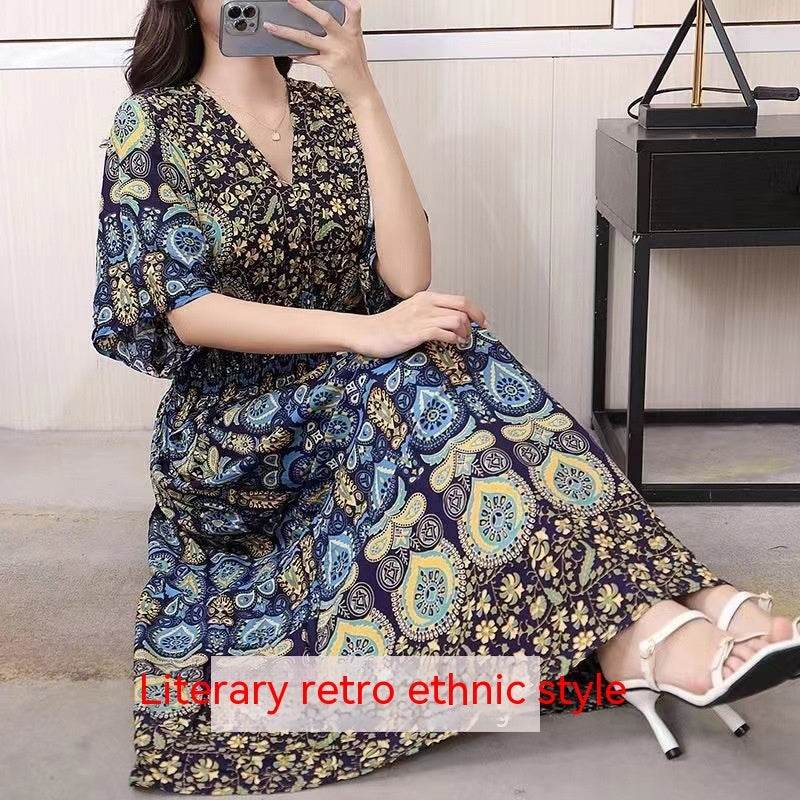 Cotton Silk Floral Dress Women's Summer Ethnic Style V-neck Short Sleeve Pastoral Style Skirt - Velora