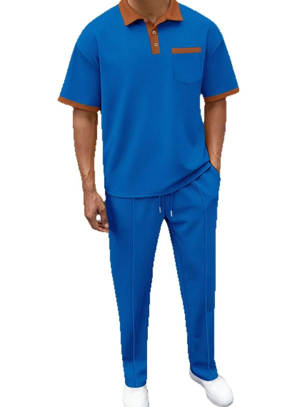 Men's Full Size Waffle-Knit Contrast Polo and Pants Set Plus Size - Velora