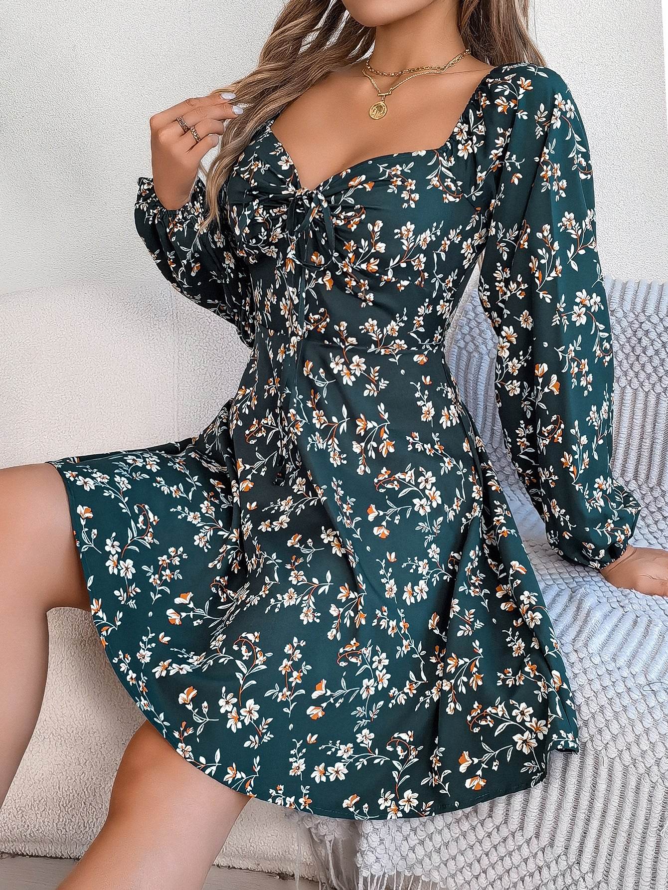 Fashion Floral Print Lantern Sleeve Dress Casual Sexy Tie Square Neck Long Sleeve A-Line Dress Women's Clothing - Velora
