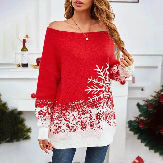 Snowflake Off-the-shoulder Cashmere Christmas Sweater top Women - Velora
