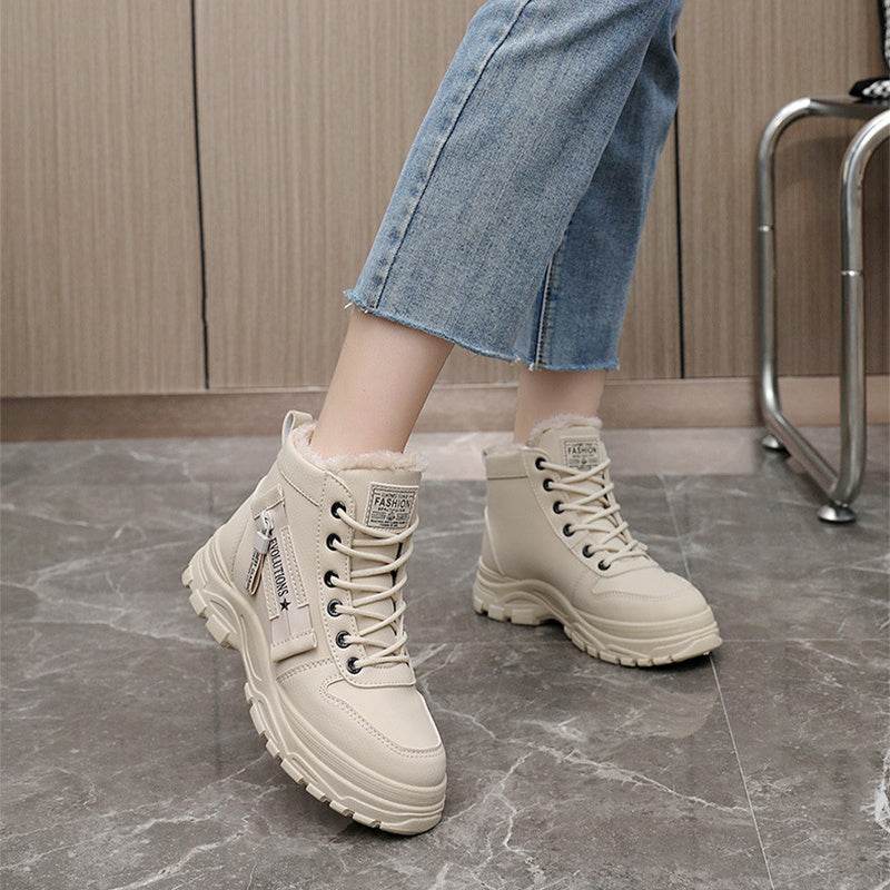Fleece Lace-up Boots Winter Warm Short Plush High-top Shoes - Velora