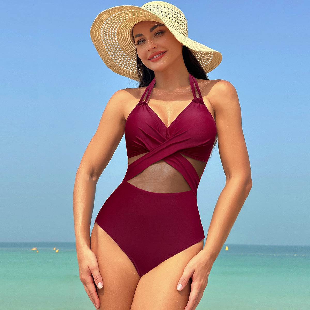 Halter-neck One-piece Swimsuit Summer Solid Color Cross-strap Design Mesh Bikini Beach Vacation Womens Clothing - Velora