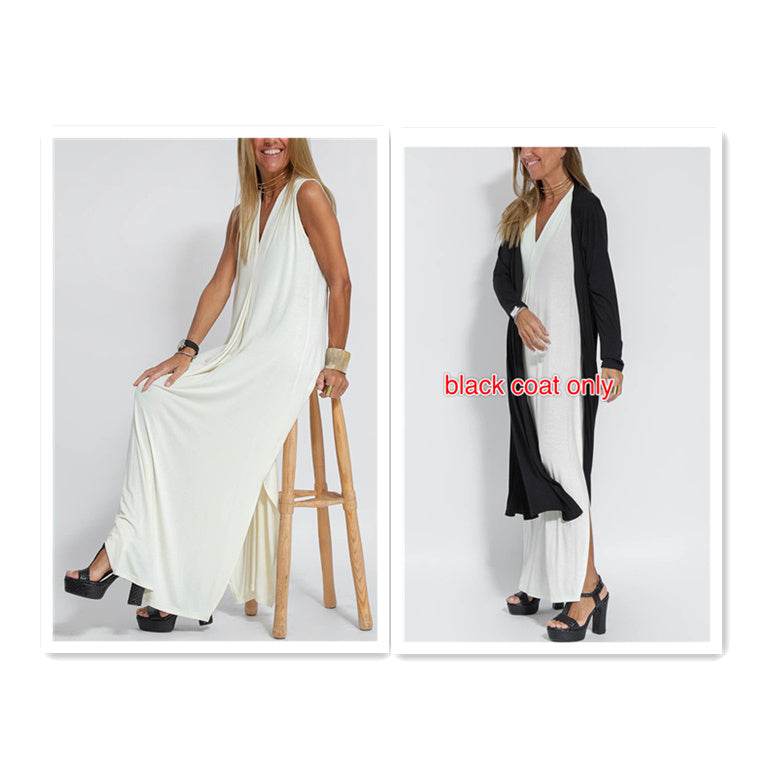 New Solid Color V-neck Sleeveless Dress Long Cardigan Jacket Suit For Women - Velora