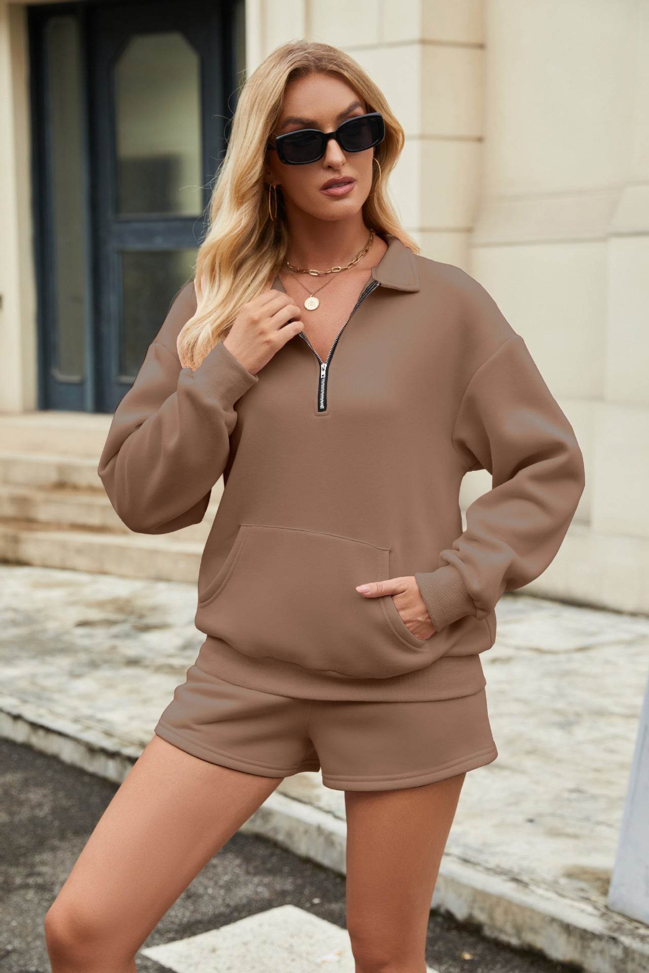 Casual Sweatshirt Suits Lapel Zipper Long Sleeve Top With Pocket And Elastic Shorts Fashion Loose Sports Set Outfits Womens Clothing - Velora