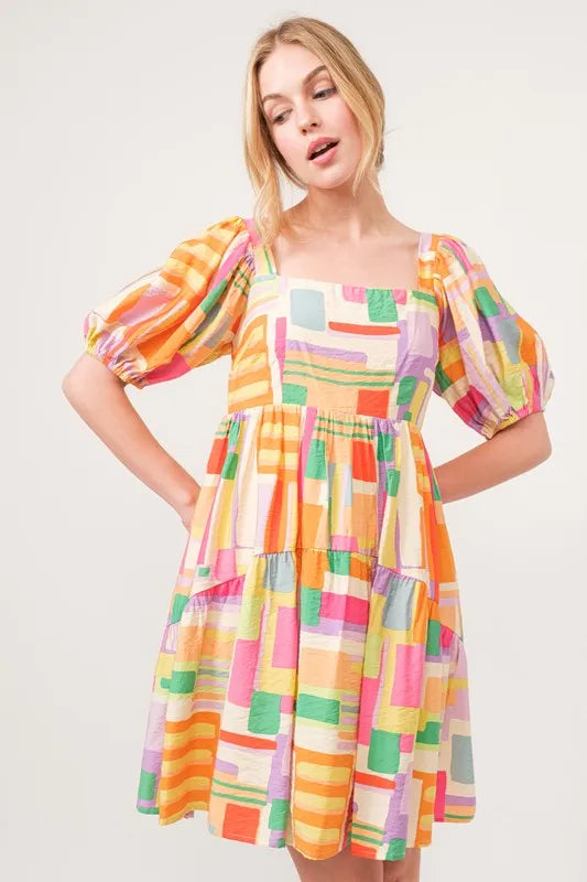 And The Why Square Neck Puff Sleeve Geo Printed Mini Dress - Velora