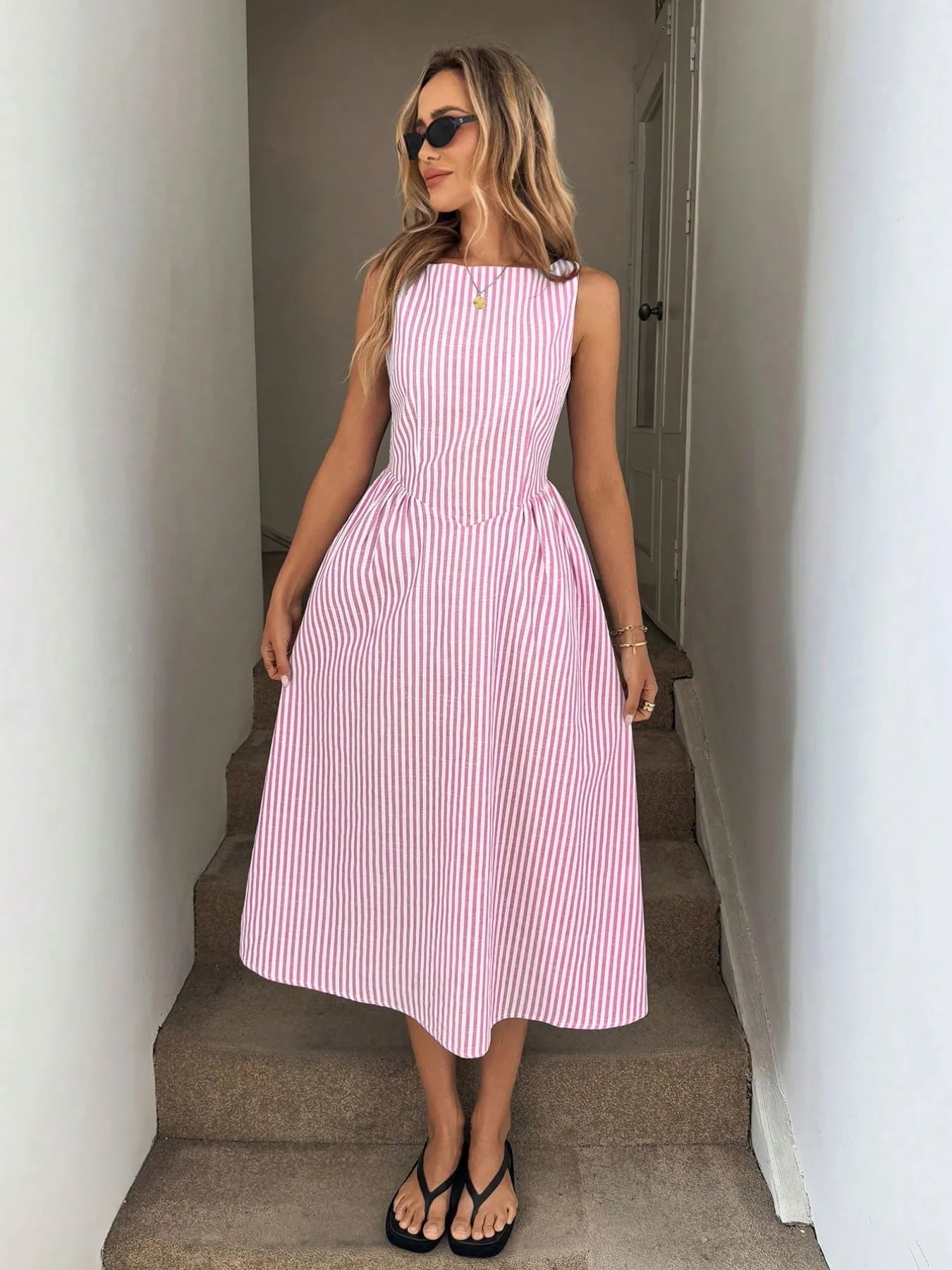 Sleeveless Striped Midi Dress - Velora