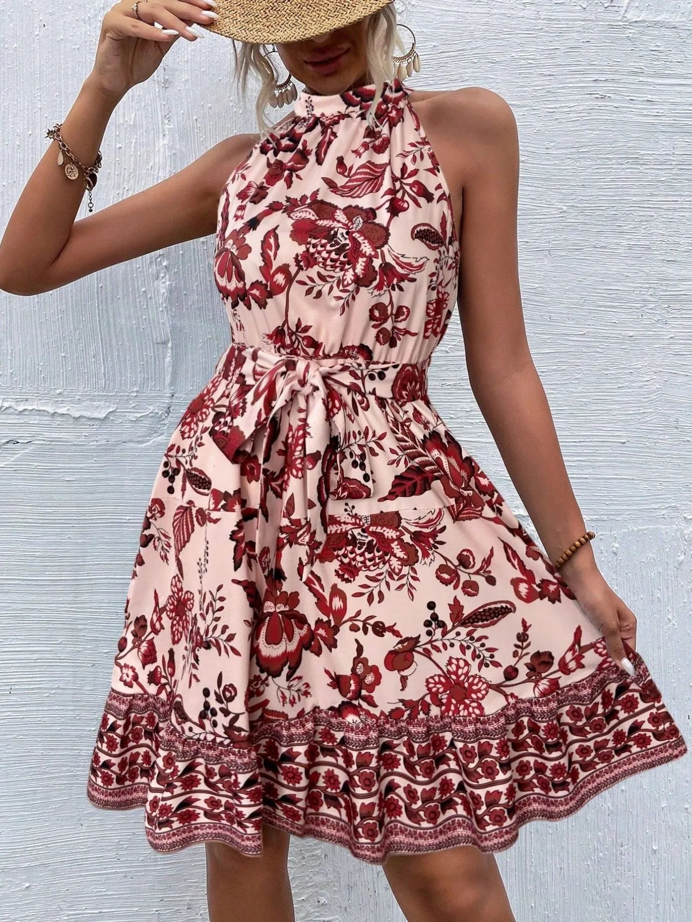 Floral Halter Neck Summer Dress with Belt - Velora