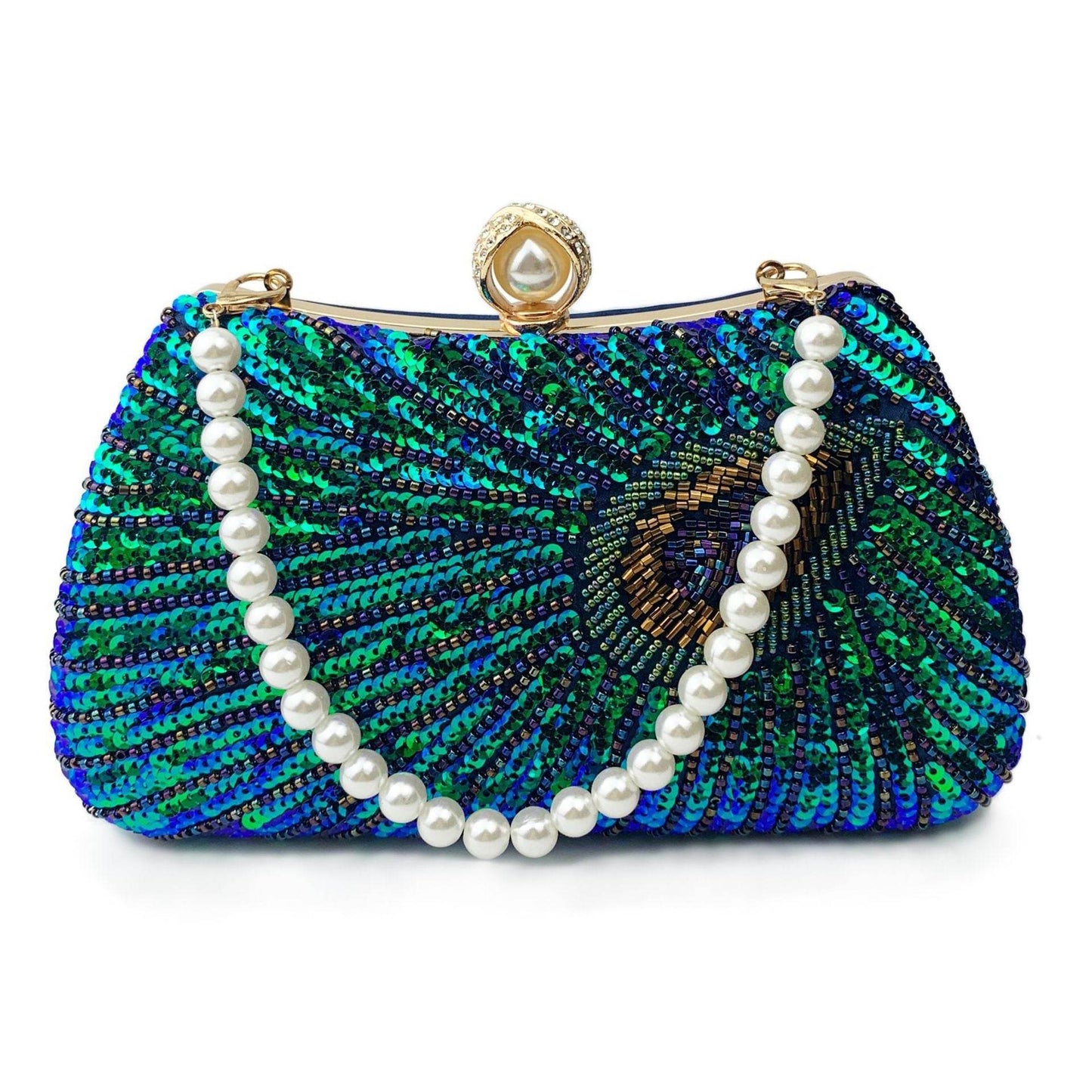 Beaded Peacock Feather Large Pearl Rhinestone Large Capacity Crossbody Shoulder Bag - Velora
