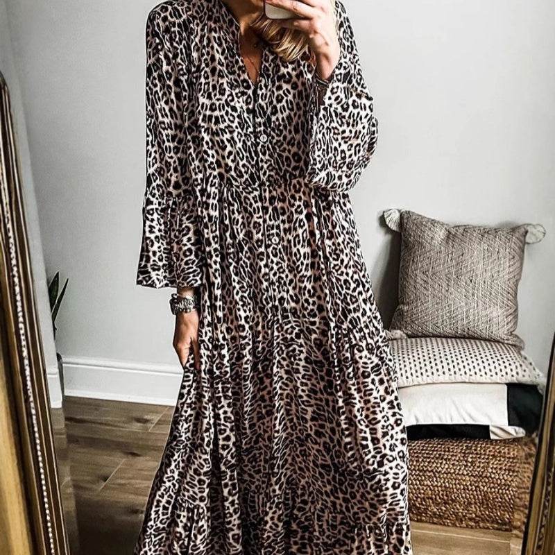 European And American Leopard Print Long Women's Clothing Printed Fashion Loose V-neck Buttons Dress - Velora