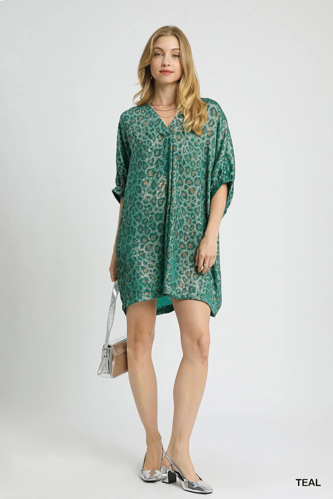 Umgee Metallic Leopard Print V-Neck Kimono Dress - Velora