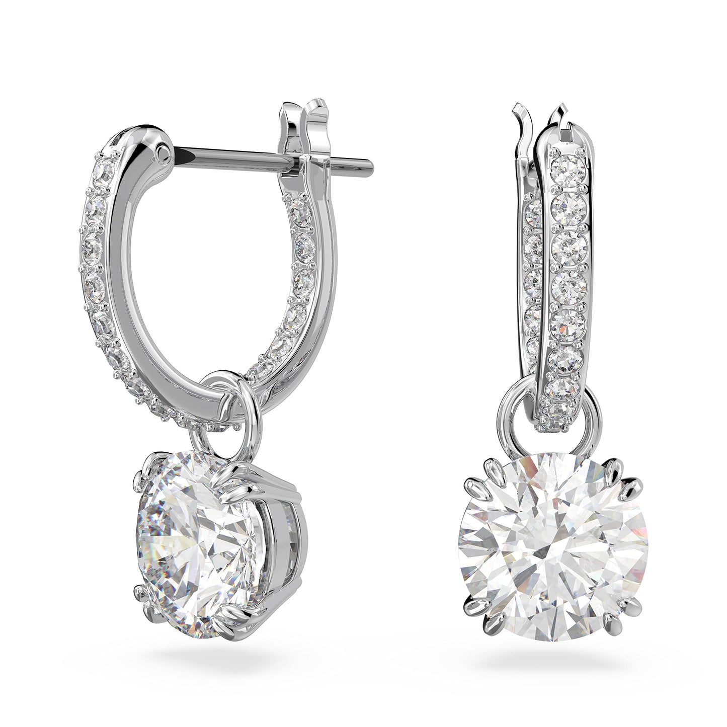 Swarovski Constella Pierced Hoop Drop Earrings White Crystals on a Rhodium Finish Setting Part of the Constella Collection