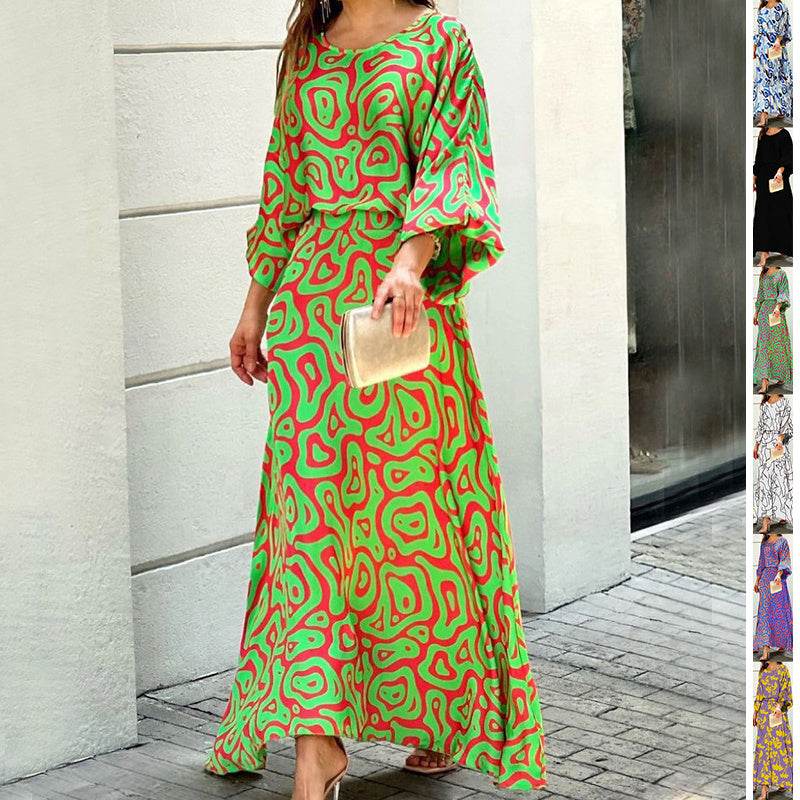 2pcs Women's Dress Suits Fashion Loose Printed Long Sleeve Top And High Waist Long Skirt - Velora