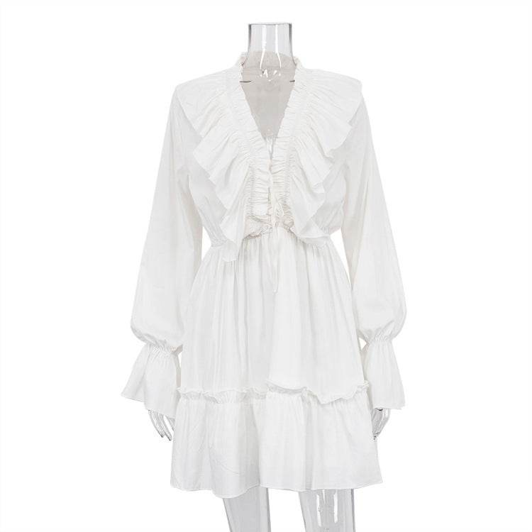 Fashion V Neck Pleated Ruffle Long Sleeve Dress Y2K V Neck Flared Sleeve Short Dress Women's Clothing - Velora