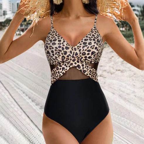 Halter-neck One-piece Swimsuit Summer Solid Color Cross-strap Design Mesh Bikini Beach Vacation Womens Clothing - Velora