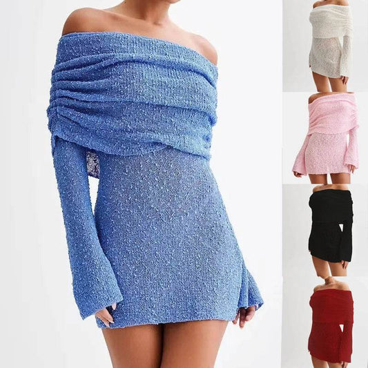 Women's Spring Summer Knitted Dress Elegant Party Boat Neck Dress Infant Off Shoulder Bodycon Long Sleeve Fuzzy Short Club Chic Mini Dress - Velora