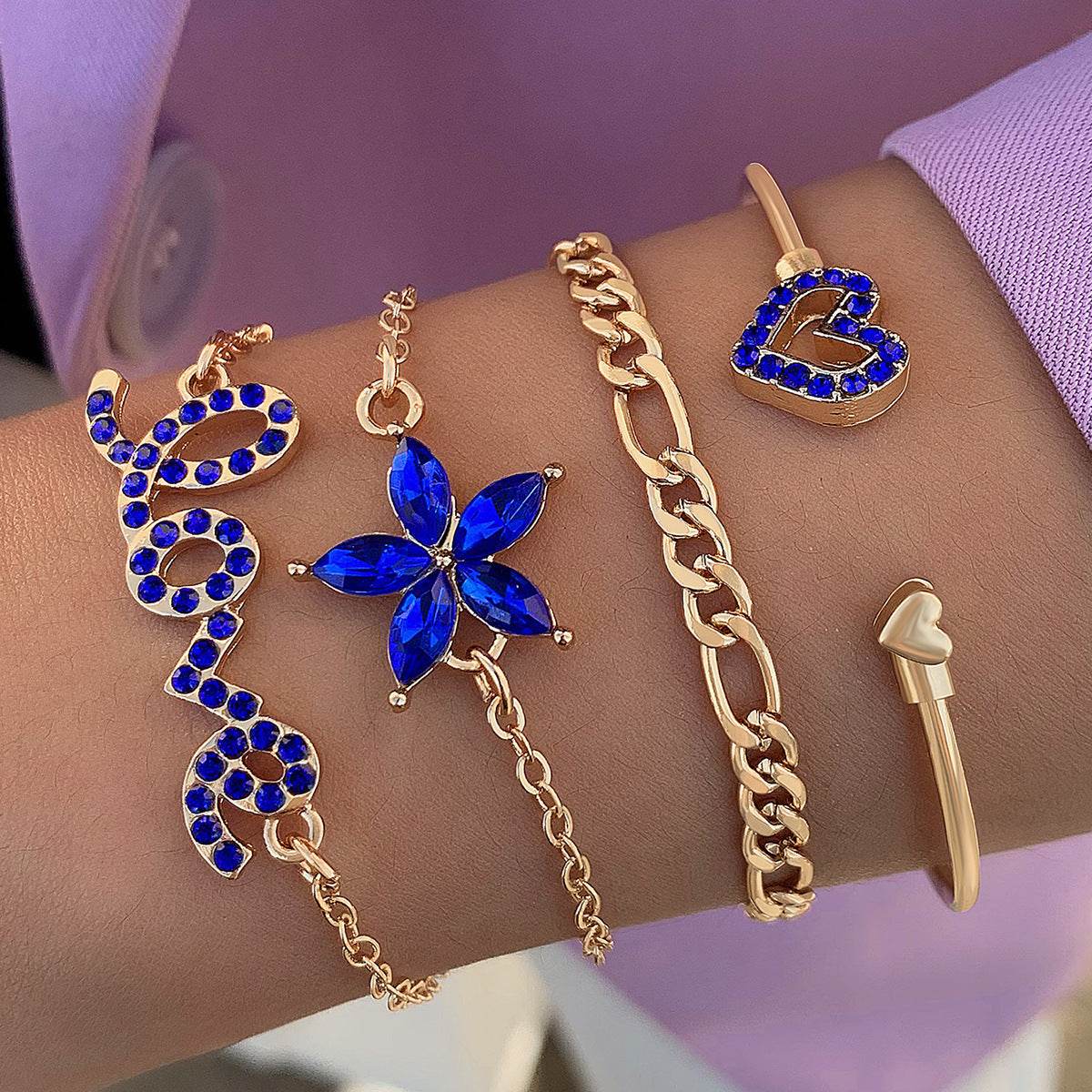 4pcs Blue Flower Love Butterfly Bracelet Set With Rhinestones Design Valentines Day - Velora