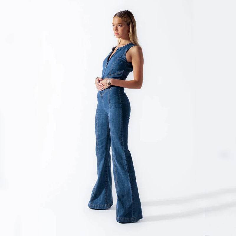 Summer Slim Heart-shape Backless Denim Jumpsuit Women Halter Neck Zip Up High Waist Panst Retro Style Clothing - Velora