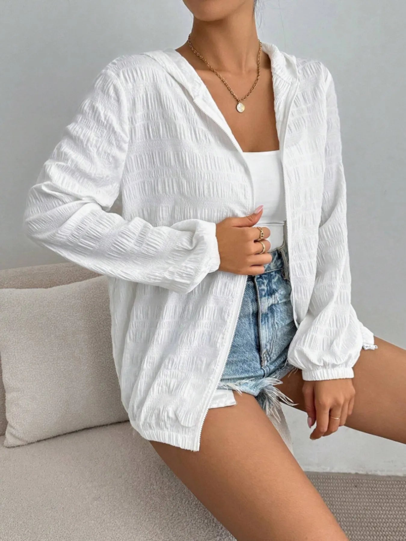 Zip Up Long Sleeve Hooded Outerwear - Velora