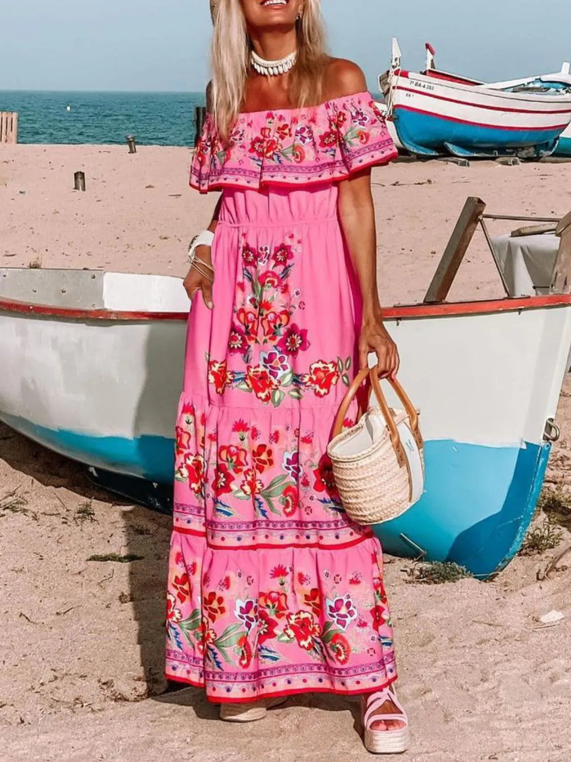 Floral Off Shoulder Ruffle Maxi Dress - Velora