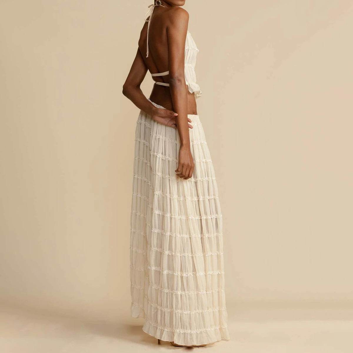 2pcs Women's Dress Suit Sexy Sleeveless Backless Cropped Halter Top And Pleated Long Dress - Velora