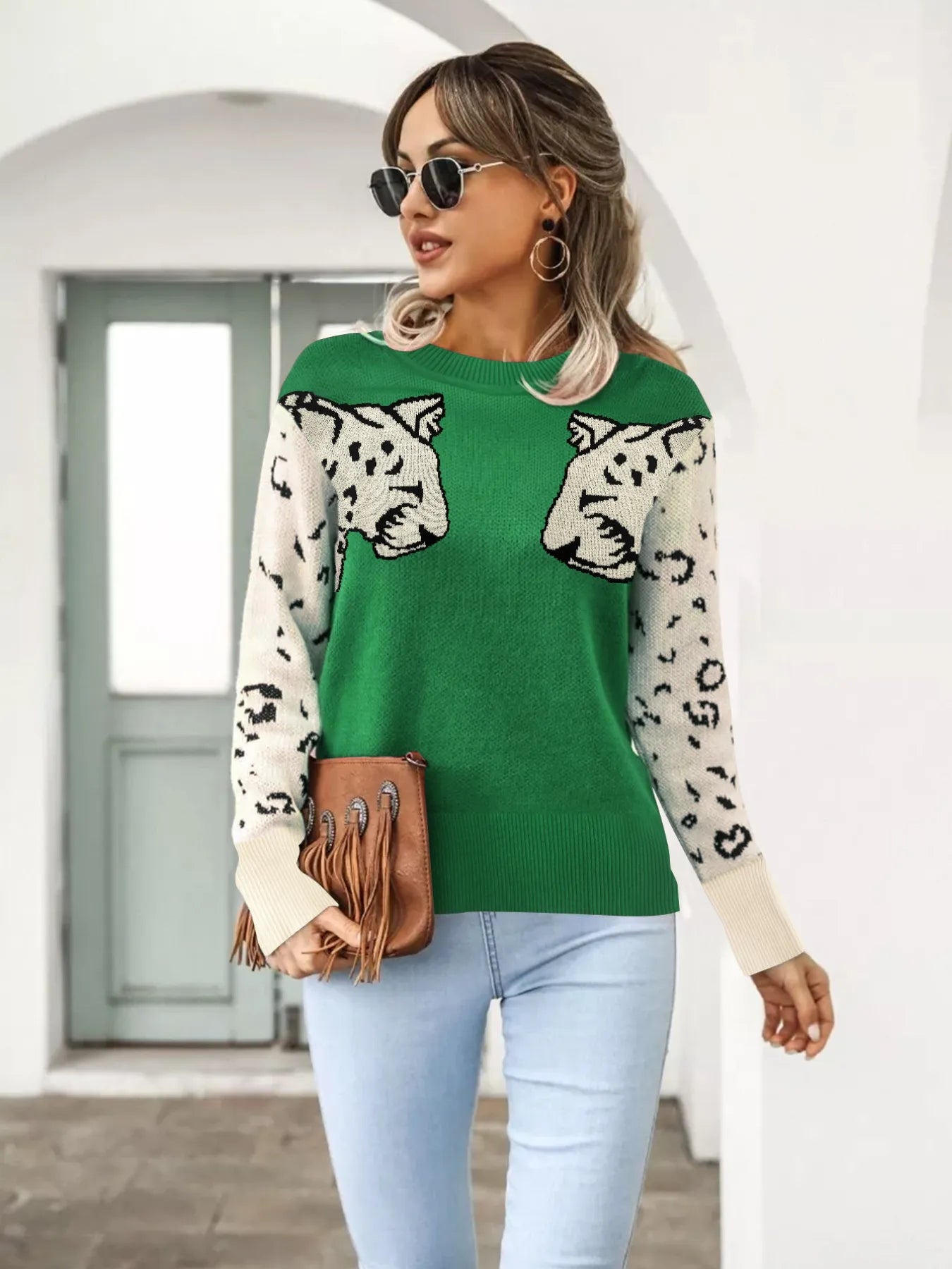 Leopard Round Neck Sweater - Velora