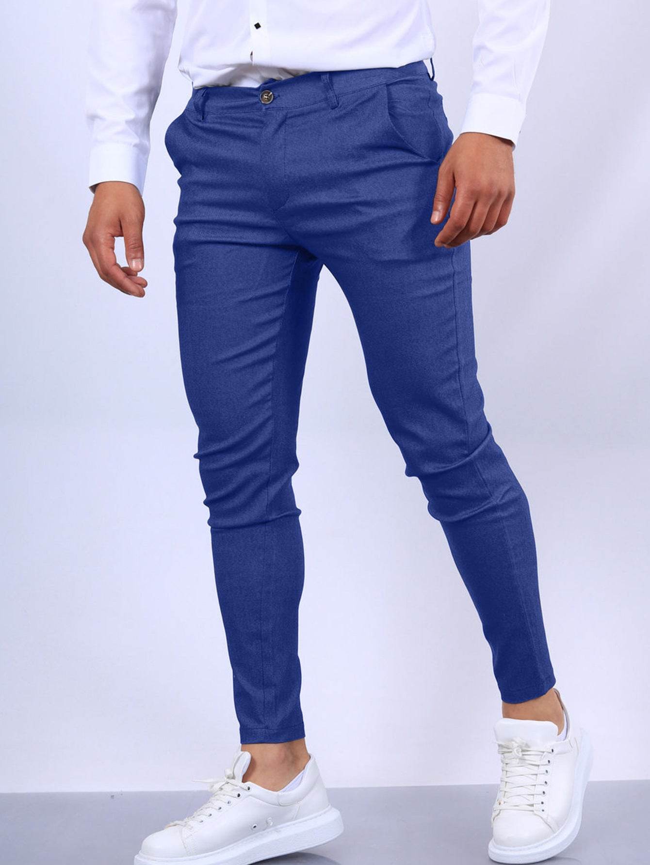 Men's Slim Button Trousers Fashion Solid Office Versatile Long Pencil Pants - Velora