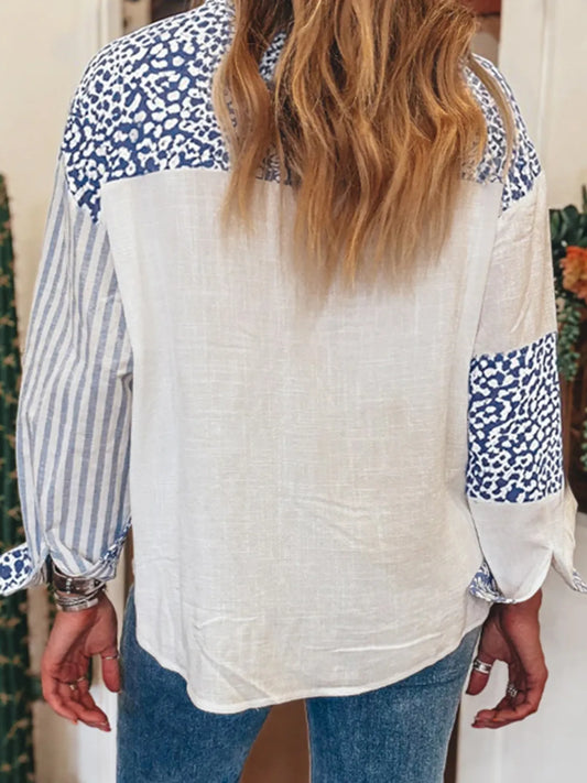 Striped Patchwork Button Down Shirt with Leopard Print Details - Velora