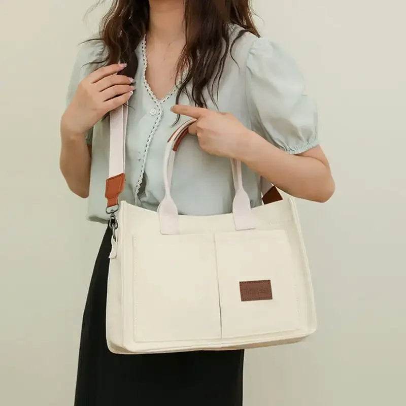 Casual Daily Canvas Tote Shoulder Bags Women Mommy Bag Large Capacity Messenger Multi Pocket Crossbody Chic Reusable Hand Bag - Velora