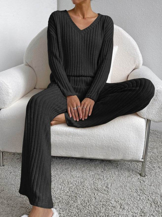 Fashion Solid Striped Suit V-neck Long-sleeved Top And Casual Straight Pants Loose Temperament Women's Clothing - Velora