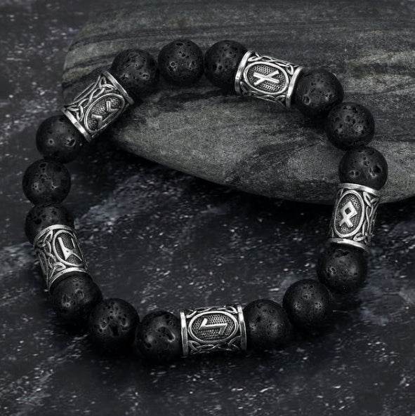 Asgard Crafted Silver Rune And Black Lava Stone Bracelet - Velora