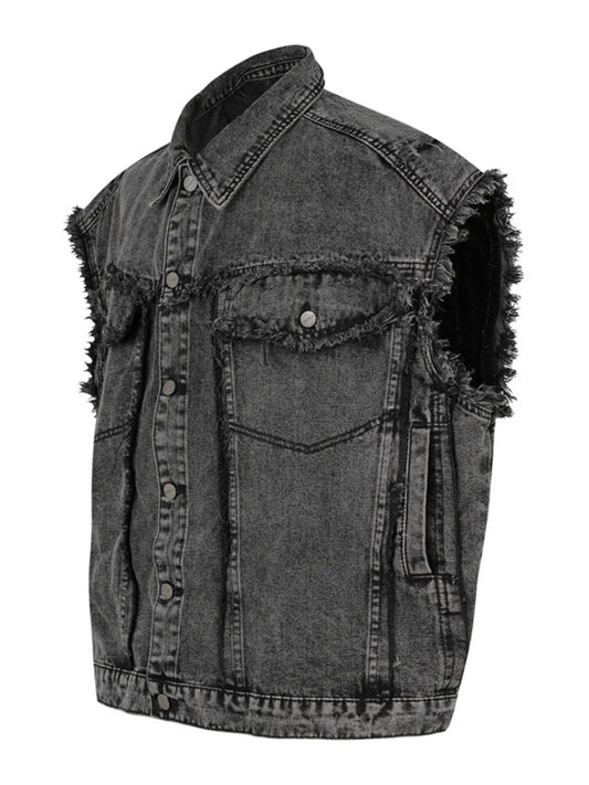Men's Raw Hem Button Up Sleeveless Denim Jacket - Velora