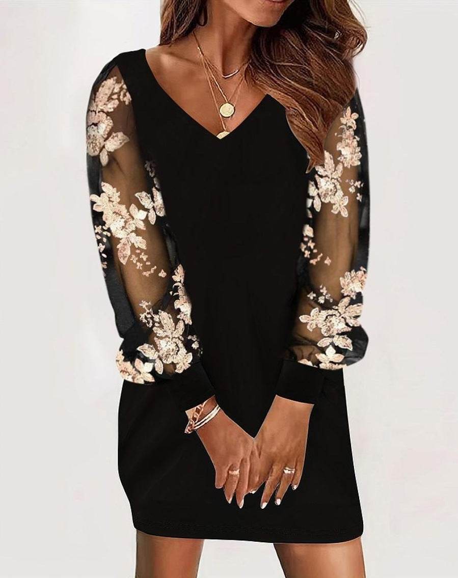 Long-sleeved V-neck Dress Spring And Autumn New Style Lace Splicing Dress For Womens Clothing - Velora