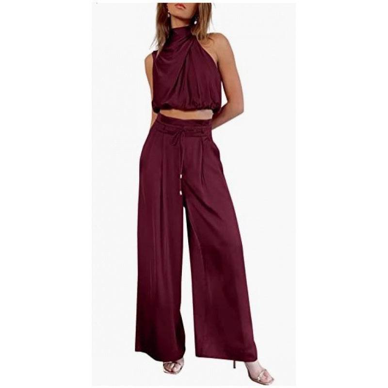 Summer Suits Casual Sleeveless Midriff-baring Top And Wide Leg Pants 2pcs Set Womens Clothing - Velora