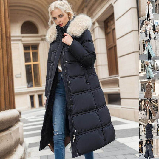 Winter Slim Long Jacket With Fur Hood And Belt Fashion Solid Hooded Coat Warm Clothing For Women - Velora
