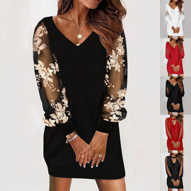 Long-sleeved V-neck Dress Spring And Autumn New Style Lace Splicing Dress For Womens Clothing - Velora