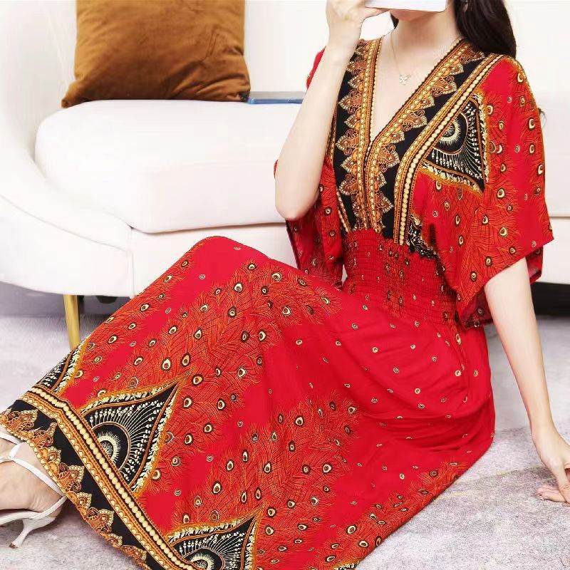 Cotton Silk Floral Dress Women's Summer Ethnic Style V-neck Short Sleeve Pastoral Style Skirt - Velora