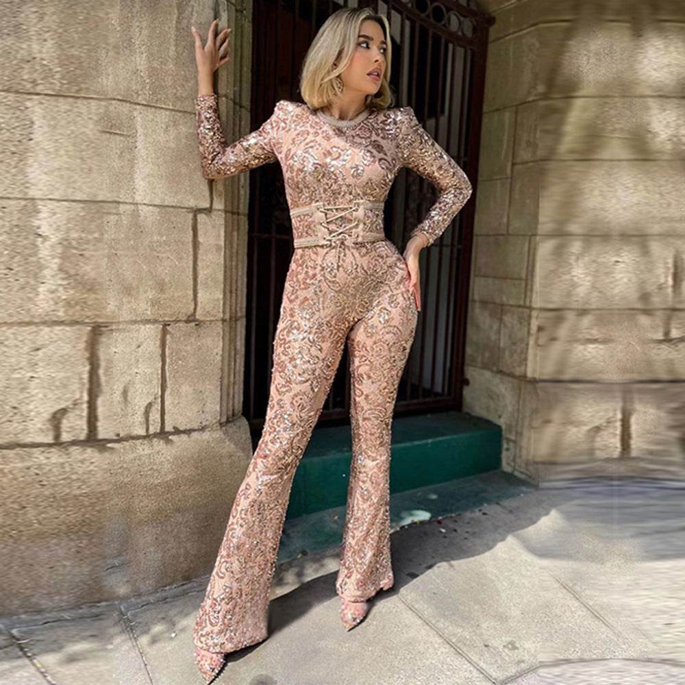 Composite Lace Sophisticated Slim Fit Jumpsuit - Velora