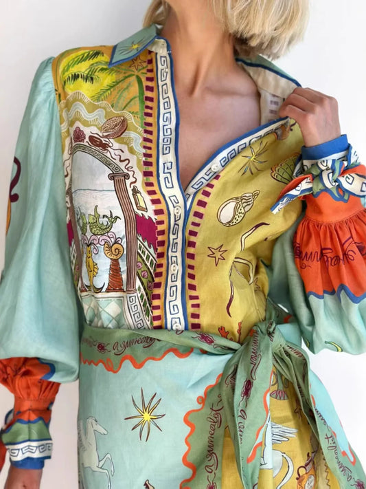 Printed Long Sleeve Shirt Dress - Velora