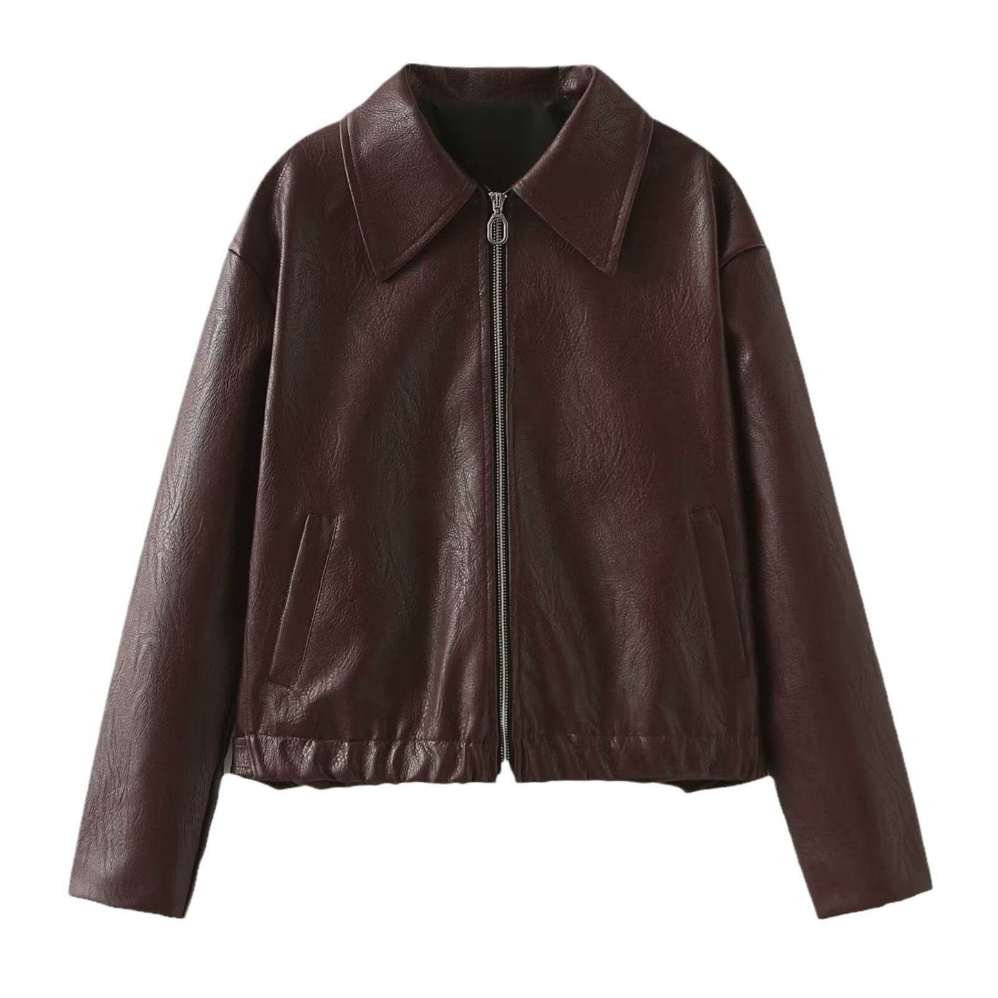 Solid Color Lapel Zipper Jacket Fashion Casual Long Sleeve Leather Coat Tops Women Clothing - Velora
