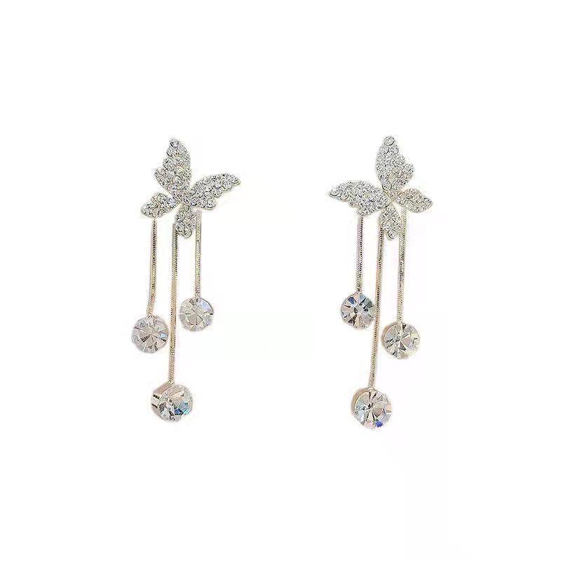 Fashion Jewelry Shiny Butterfly Rhinestone Drop Dangle Earrings Women Elegant Long Pearl Tassel Chain Pendant Party Jewelry - Velora