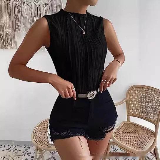 Women's Half Turtleneck Wide Pattern Vest Summer Retro Chic Sleeveless Top - Velora