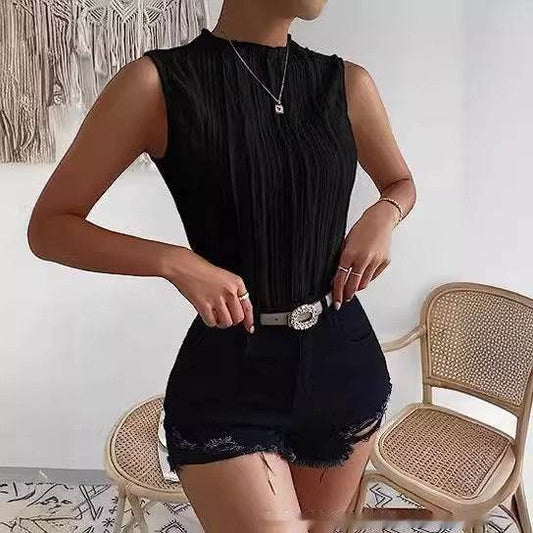 Women's Half Turtleneck Wide Pattern Vest Summer Retro Chic Sleeveless Top - Velora