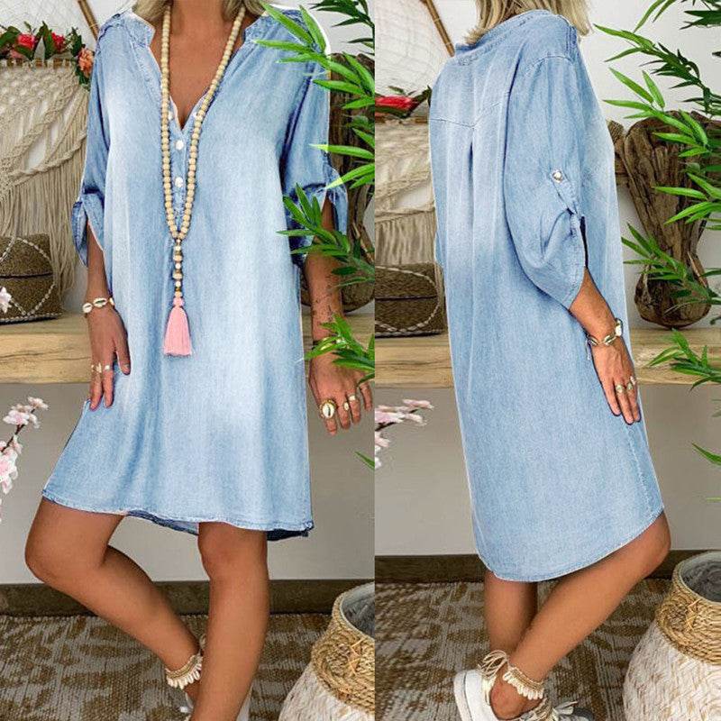 Casual Half Button Mid-sleeve loose Washed denim dress - Velora