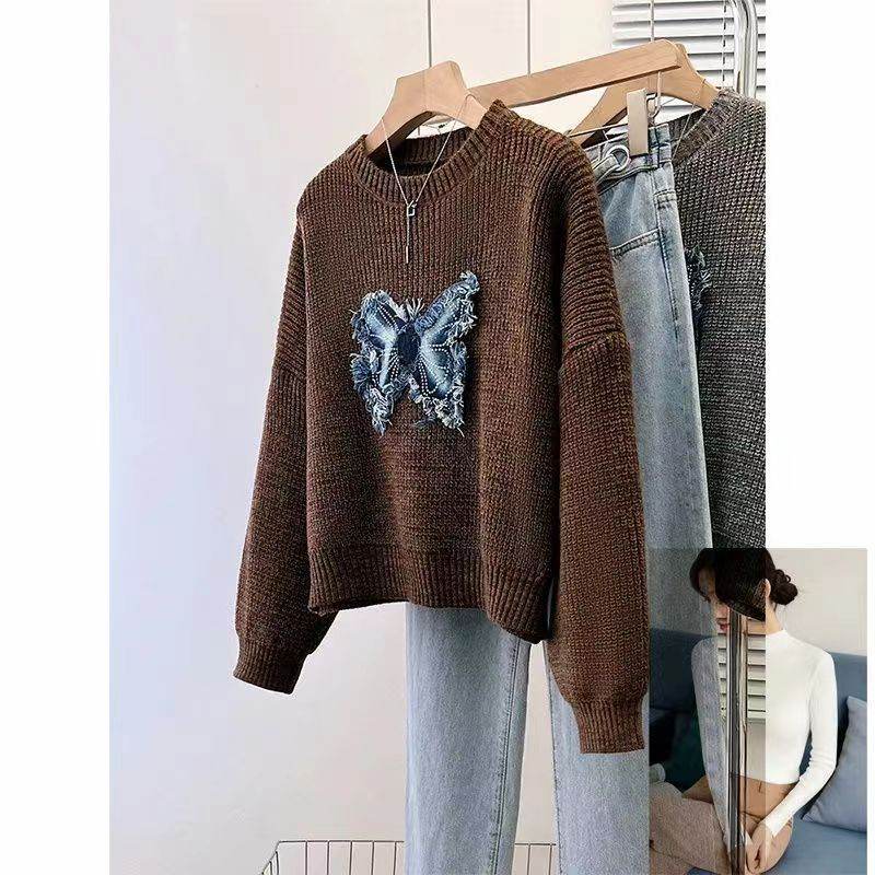 Tassel Denim Pattern Round Neck Sweater Top - Velora