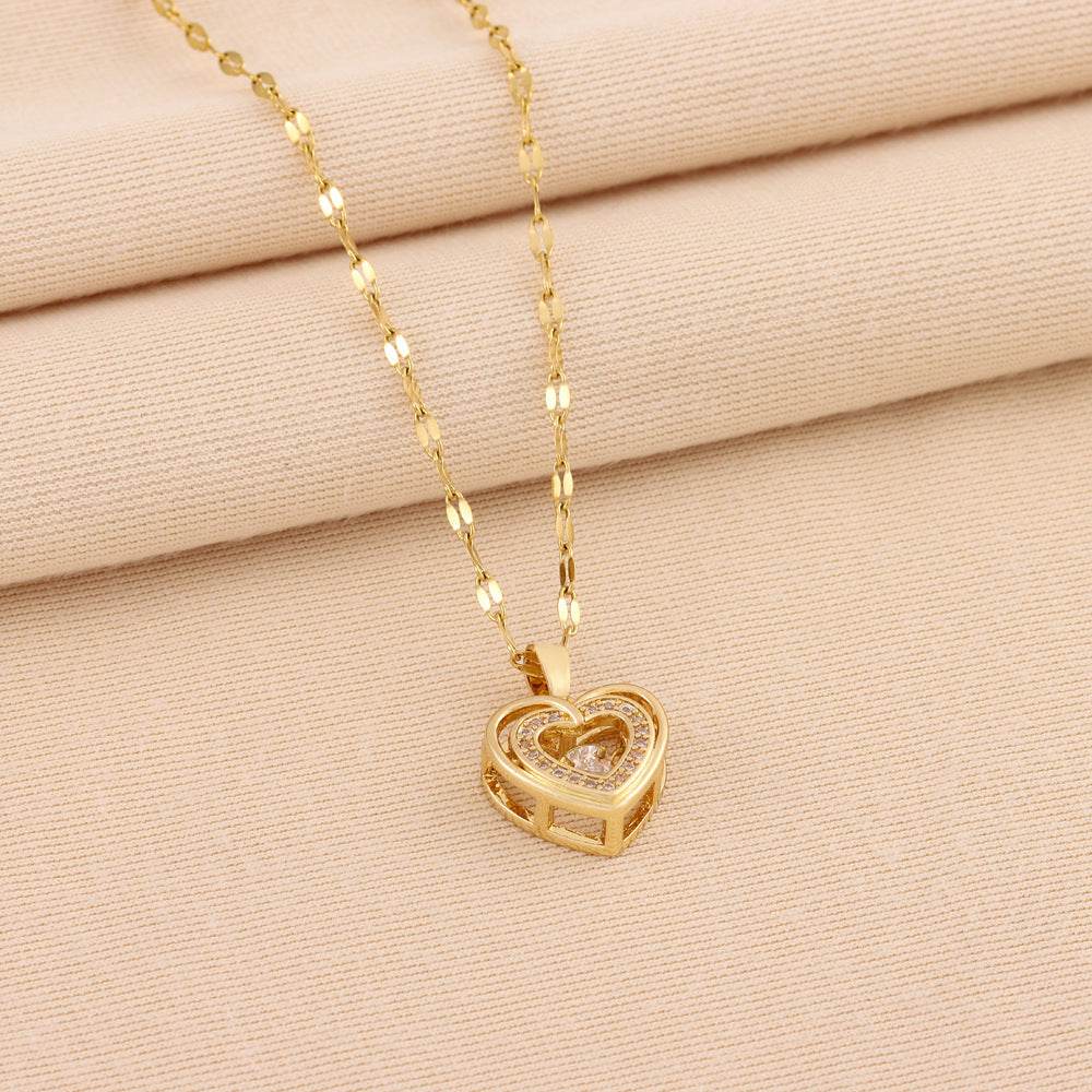 Double-layer Love Necklace With Rhinestones Titanium Steel Pendant Fashion Jewelry Woman Valentines Day Gift - Velora