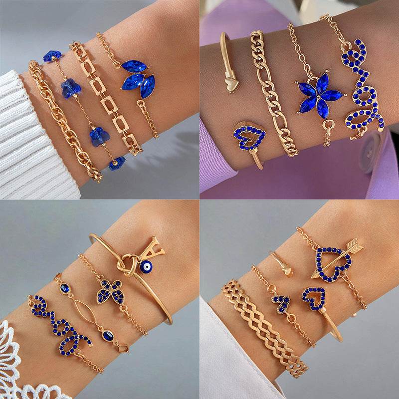 4pcs Blue Flower Love Butterfly Bracelet Set With Rhinestones Design Valentines Day - Velora