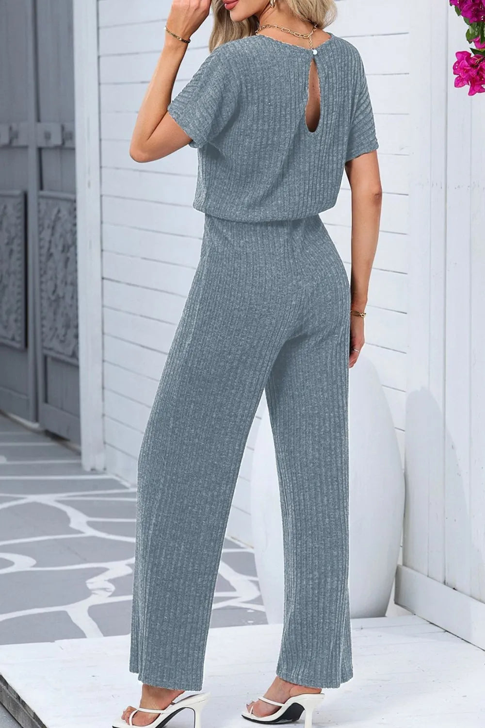 Ribbed Short Sleeve Wide Leg Jumpsuit - Velora