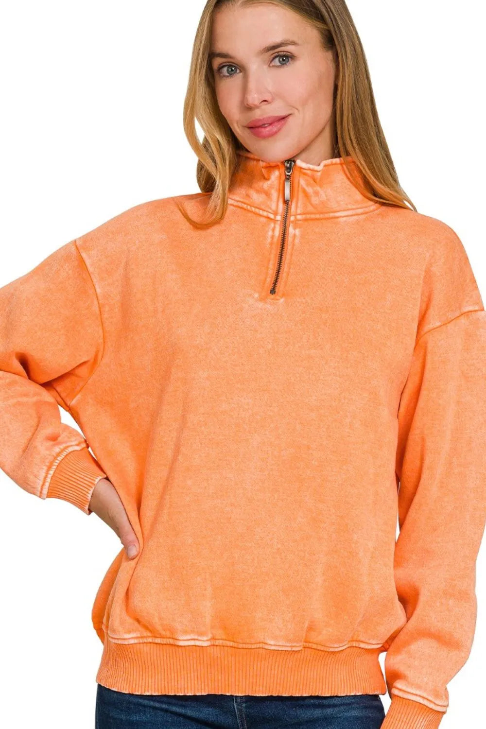 Zenana Acid Wash Fleece Half Zip Pullover Sweatshirt - Velora