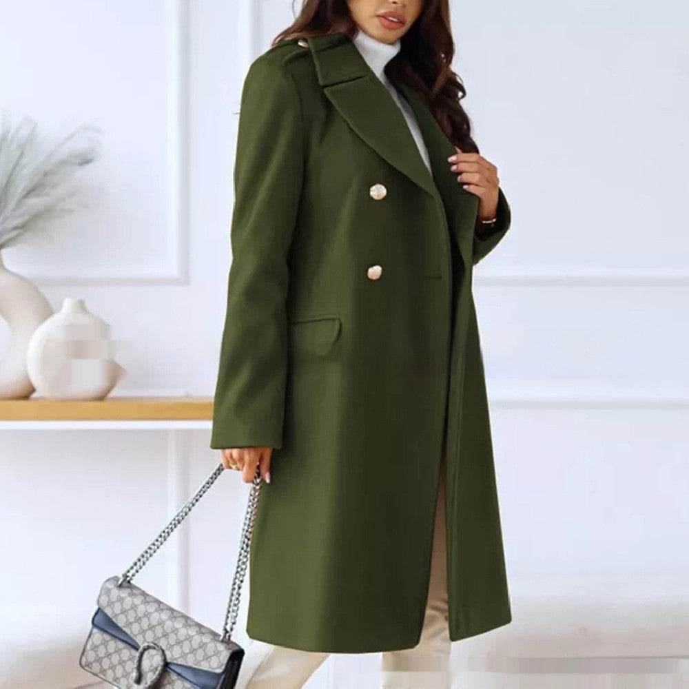 Simple Double Breasted Woolen Coat For Women - Velora