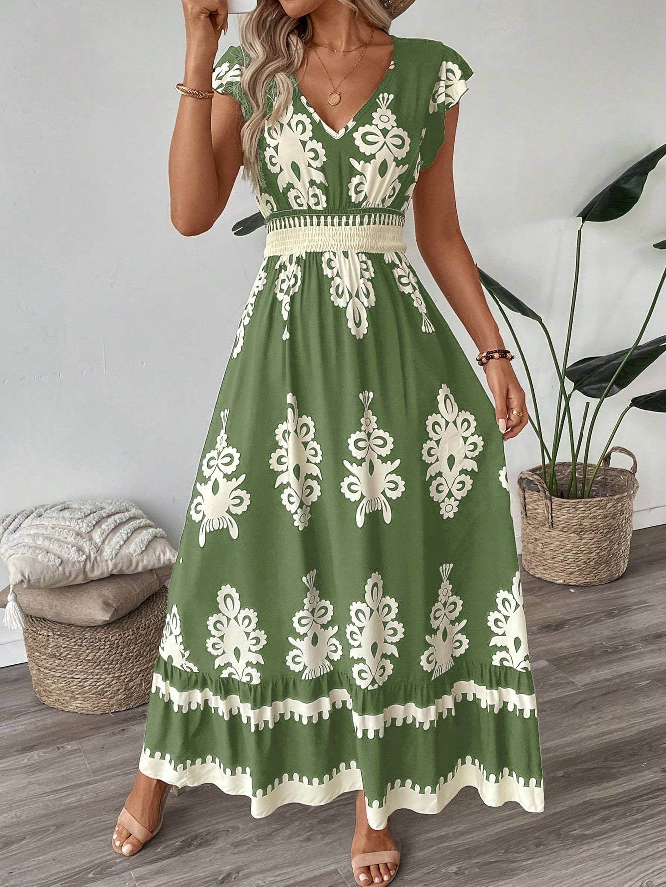 Trim Cap Sleeve Cinched Waist Ruffle Hem A-Line Dress - Velora